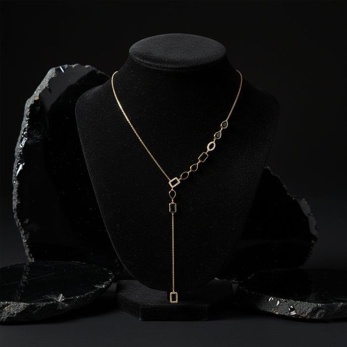 Black Onyx Diamond Lariat Necklace in 14K Yellow Gold