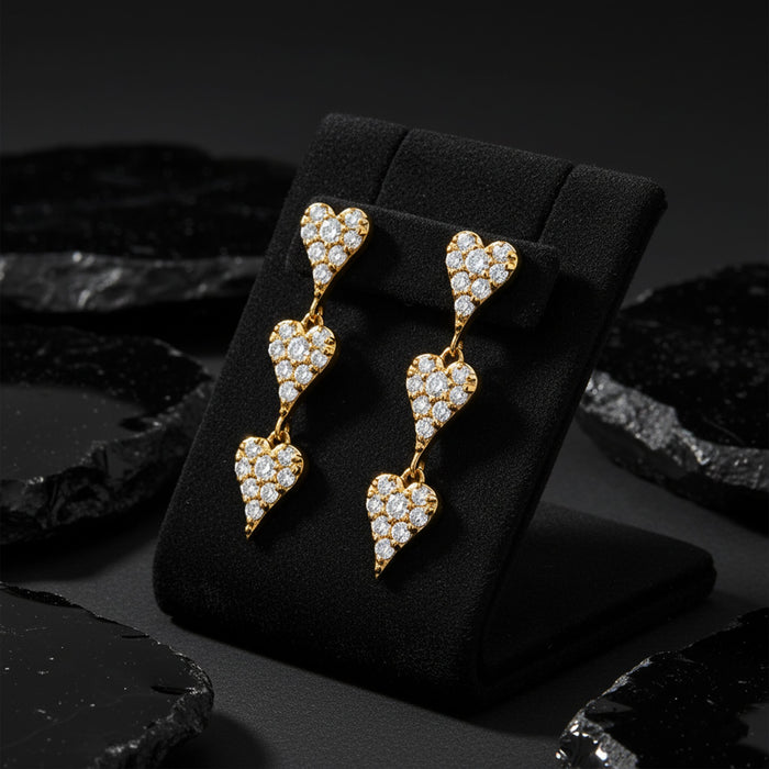 Triple Heart Trail Drop Earrings in 14K Yellow Gold