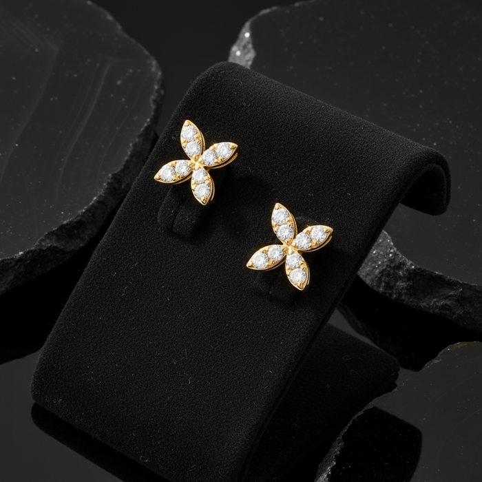 Floral Marquise Diamond Stud Earrings in 14K Yellow Gold