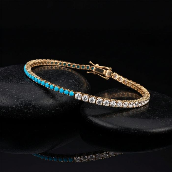 Attractive Turquoise Diamond Tennis Bracelet in 14K Yellow Gold