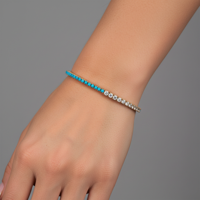 Attractive Turquoise Diamond Tennis Bracelet in 14K Yellow Gold