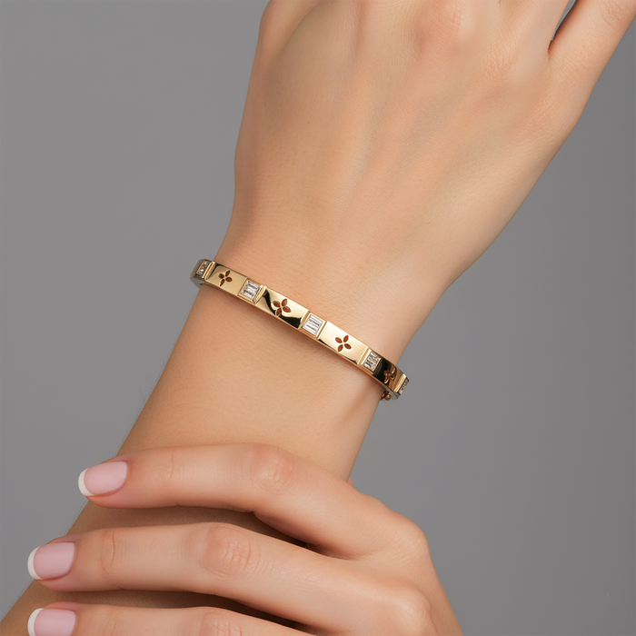 Golden Bloom Baguette Diamond Floral Bracelet in 14K Yellow Gold