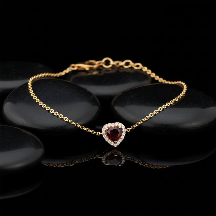 Scarlet Love Heart Shaped Gemstone Charm Bracelet in 14K Gold