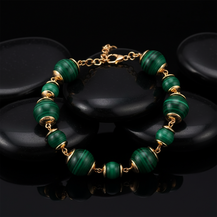 Nature’S Rhythm Malachite Round Bead Bracelet in 14K Gold