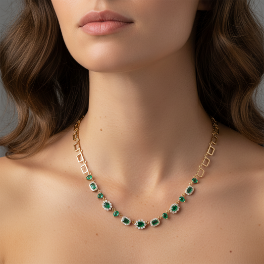 Gemstone Emerald Signature Diamond Link Necklace in 14K Yellow Gold