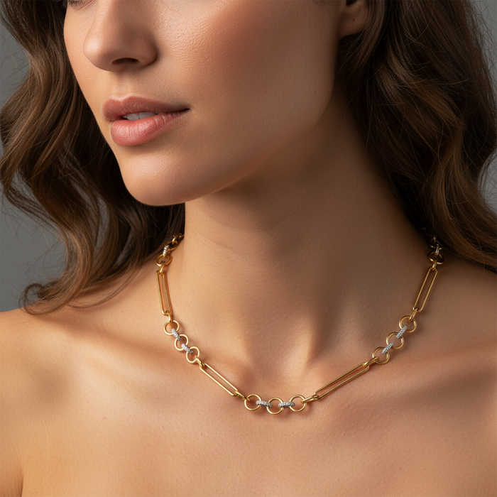 Oval Diamond Accents Link Chain Necklace in 14K Yellow Gold