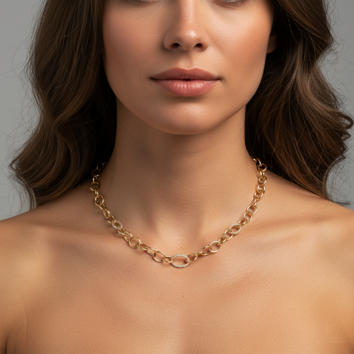 Pave Diamond Connectors Link Necklace in 14K Yellow Gold