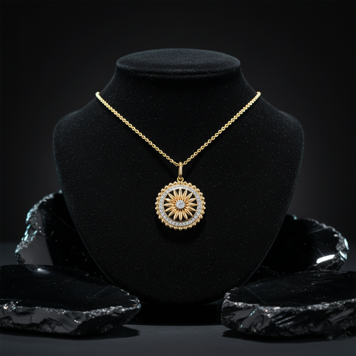 Diamond Black Enamel Sunburst Pendant Necklace in 14K Yellow Gold