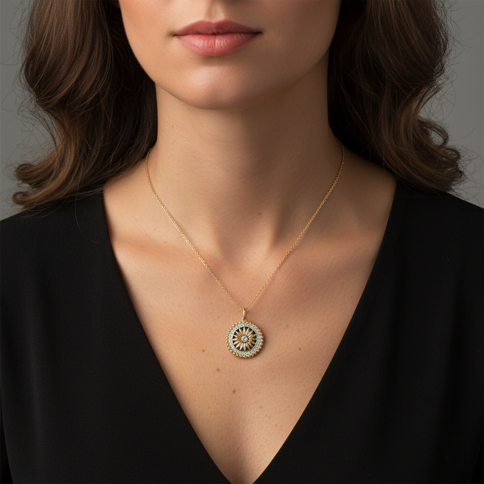 Diamond Black Enamel Sunburst Pendant Necklace in 14K Yellow Gold
