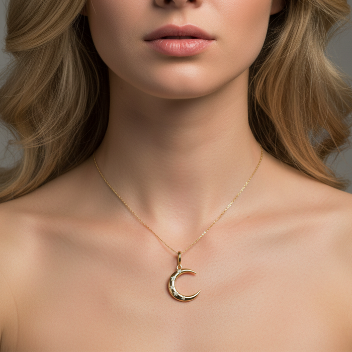 Diamond Star Crescent Moon Pendant Necklace in 14K Yellow Gold