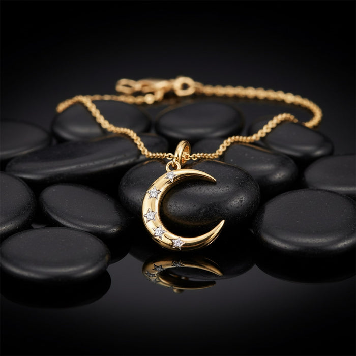 Diamond Star Crescent Moon Pendant Necklace in 14K Yellow Gold
