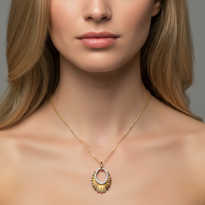 Sunburst Oval Diamond Pendant Necklace in 14K Yellow Gold