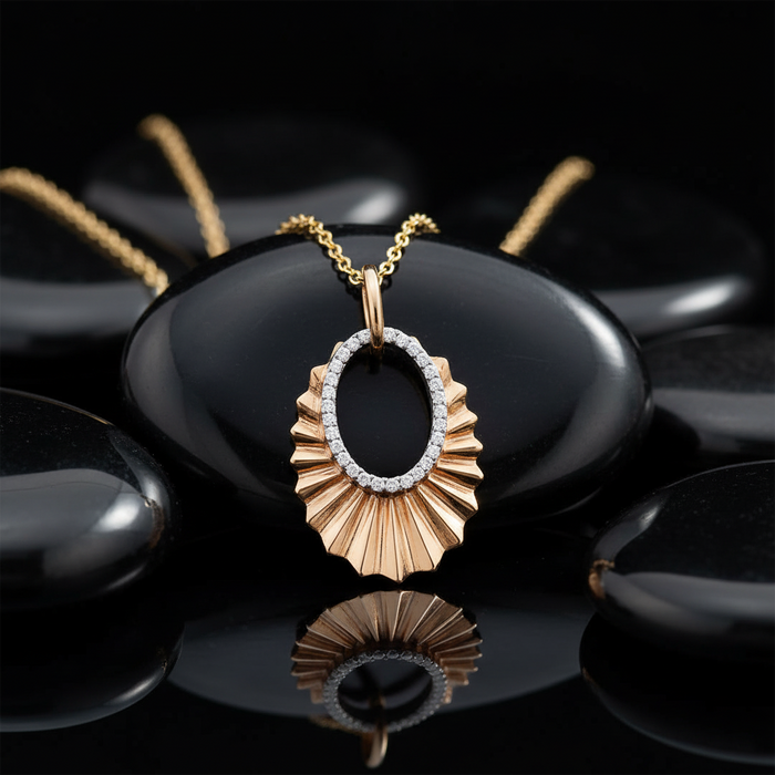 Sunburst Oval Diamond Pendant Necklace in 14K Yellow Gold