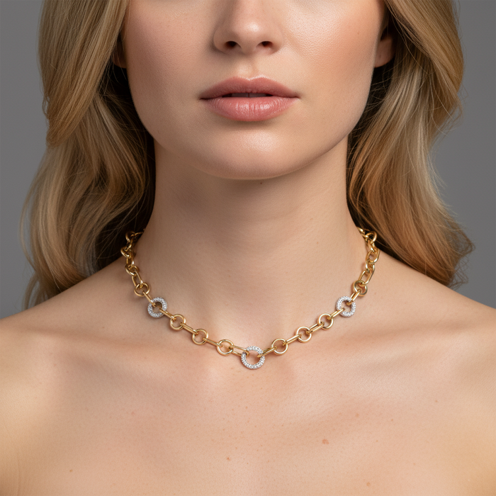 Round Grip Diamond 14K (or 18k upon request) Yellow Gold Link Necklace