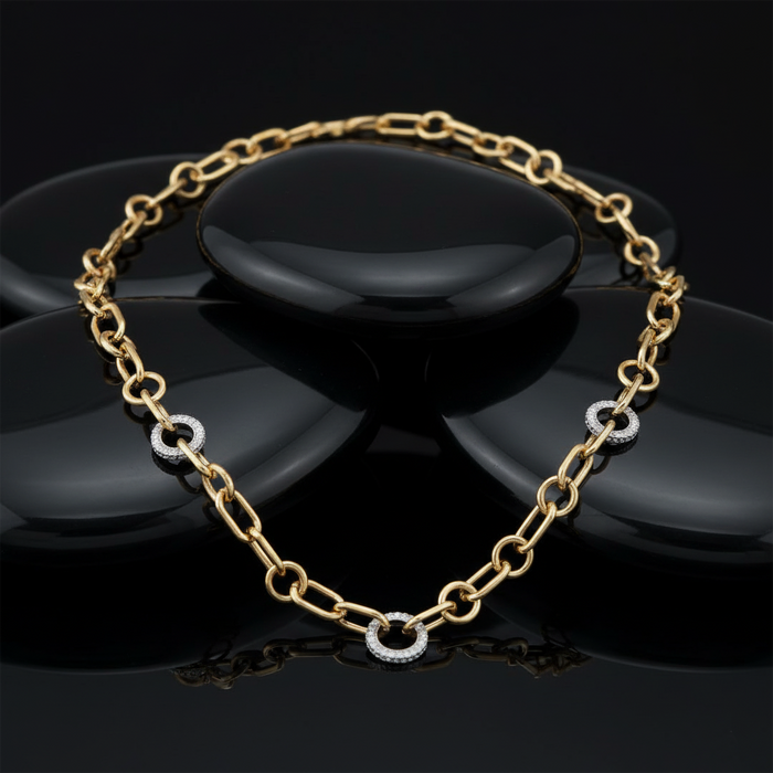 Round Grip Diamond 14K (or 18k upon request) Yellow Gold Link Necklace
