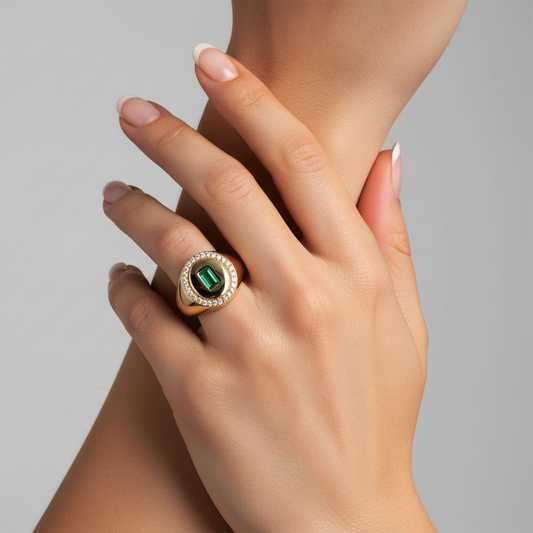 Green Diamond Emerald Signet Ring in 14K Yellow Gold