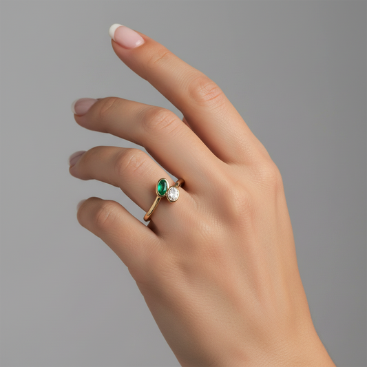 Emerald Diamond Open Wrap Ring in 14K Yellow Gold