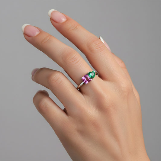 Pink Green Gemstones Ring in 14K White Gold