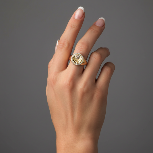 Radiant Sunburst Diamond Signet Ring in 14K Yellow Gold
