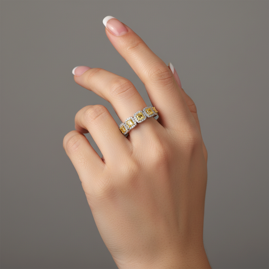 Yellow Cushion Cut Sapphires Halo Ring in 14K White Gold