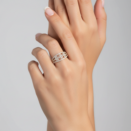 Open Band Flower Cluster Diamond Ring in 14K Yellow Gold