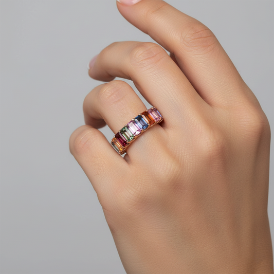 Radiant Sapphire Diamond Eternity Ring in 14K Yellow Gold