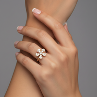 Diamond Pear Round Cut Flower Ring in 14K Yellow Gold