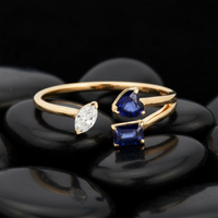 Open Ring Blue Sapphire Marquise Diamond Ring in 14K Yellow Gold