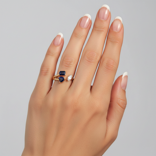 Open Ring Blue Sapphire Marquise Diamond Ring in 14K Yellow Gold