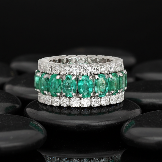 Emerald Diamond Triple Row Eternity Band Ring in 14K Yellow Gold
