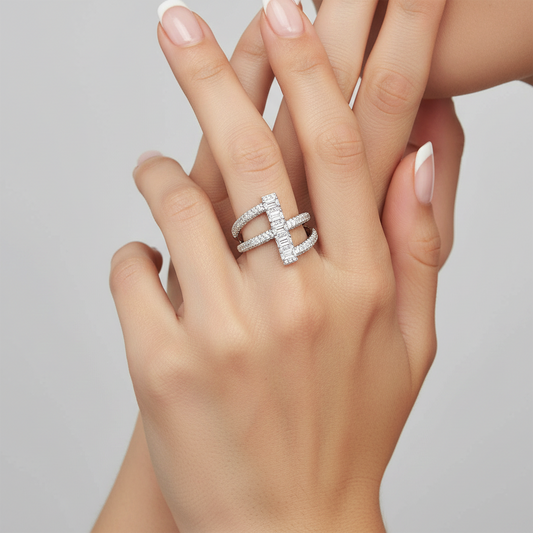 Vertical Baguette Diamonds Double Band Ring in 14K White Gold
