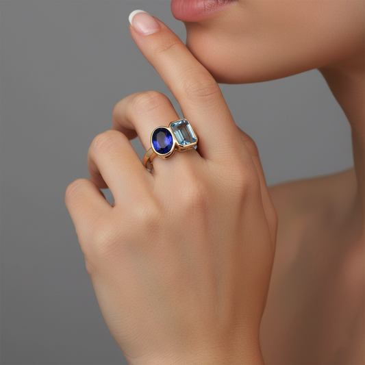 Duo Blue Sapphire Blue Topaz Ring in 14K Yellow Gold