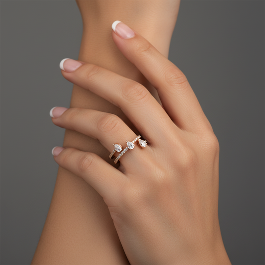 Double Band Pear-Cut Diamonds Ring in 14K Yellow Gold