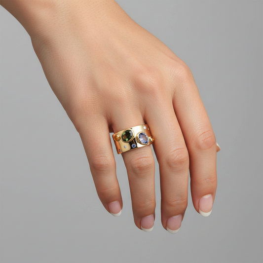 Diamond Multi-Sapphire Cigar Band Ring in 14K Yellow Gold