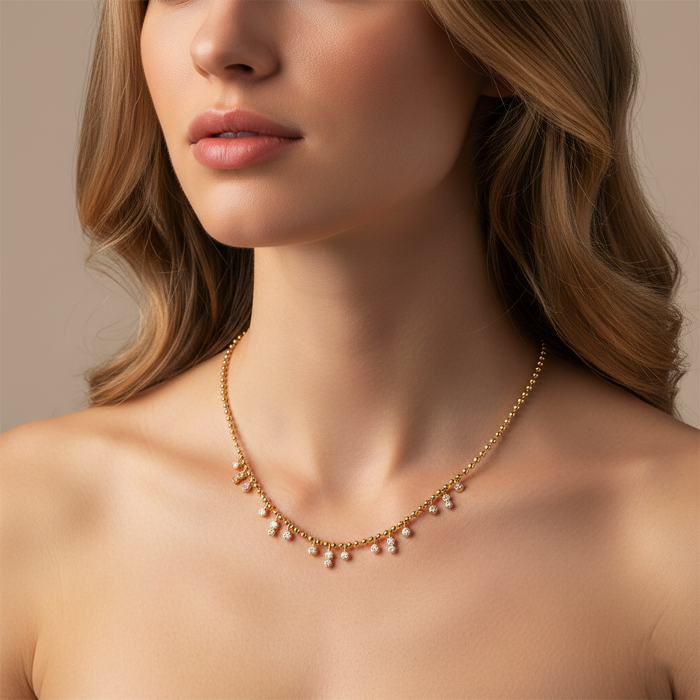Ball Chain Diamond Serenity Station Necklace in 14K Yellow Gold