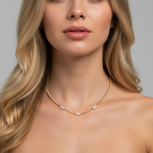 Cuban Link Chain Pave Bars Diamond Necklace in 14K Yellow Gold