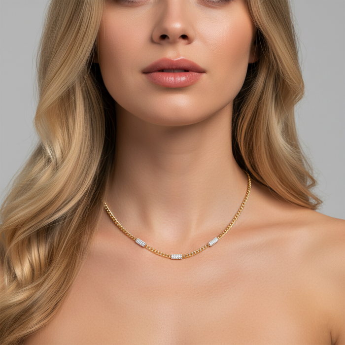 Cuban Link Chain Pave Bars Diamond Necklace in 14K Yellow Gold