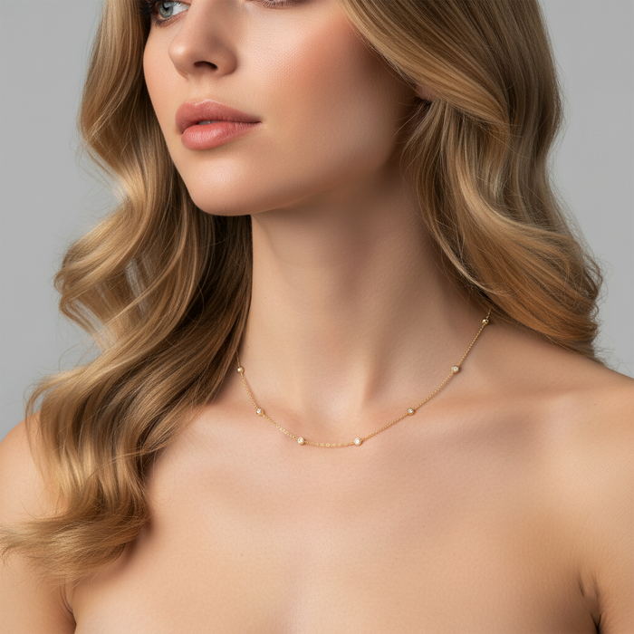 Station Bezel Set Round Diamonds Necklace in 14K Yellow Gold