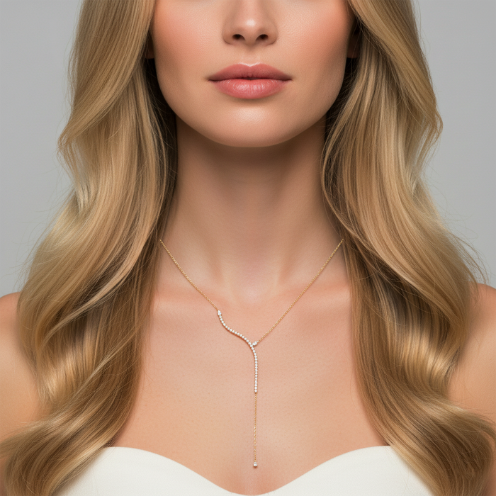 Curved Drop Accent Diamond Lariat Necklace in 14K Yellow Gold