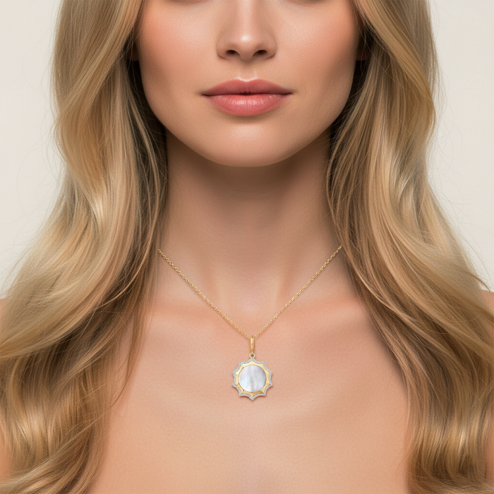 Mother Pearl Diamond Sunburst Pendant Necklace in 14K Yellow Gold