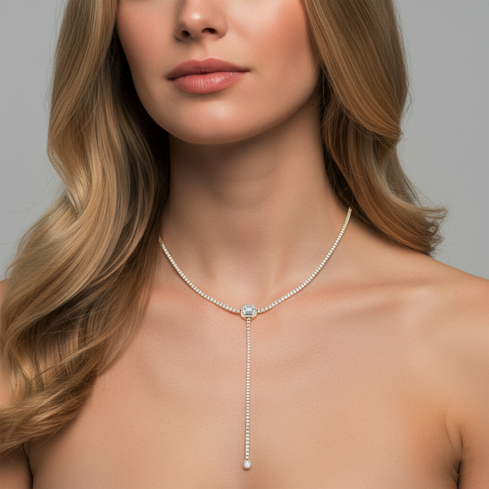 Adjustable Emerald Cut Diamond Lariat Necklace in 14K Yellow Gold