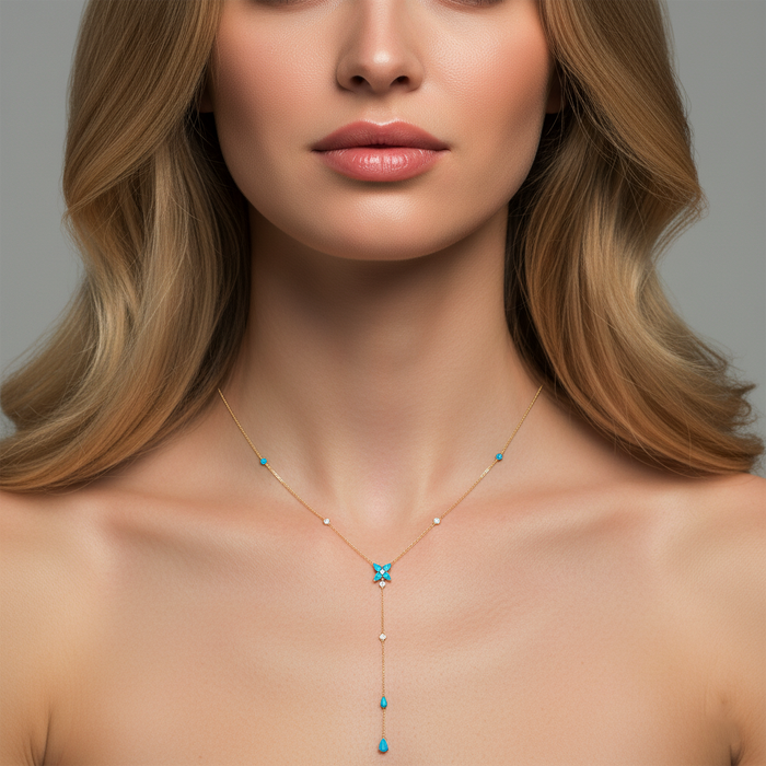 Turquoise Enamel Flower Lariat Necklace in 14K Yellow Gold