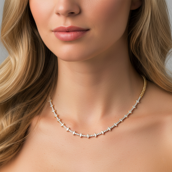 Lattice Diamond Station Necklace in 14K Yellow Gold