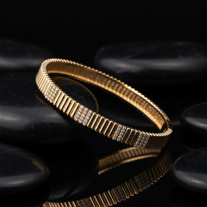 Ribbed Diamond Accent Bangle Bracelet in 14K Yellow Gold
