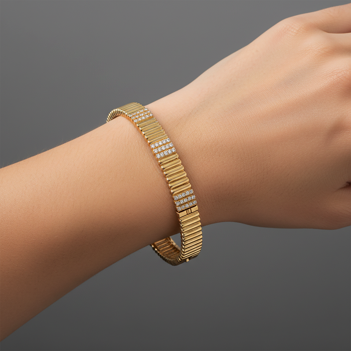 Ribbed Diamond Accent Bangle Bracelet in 14K Yellow Gold