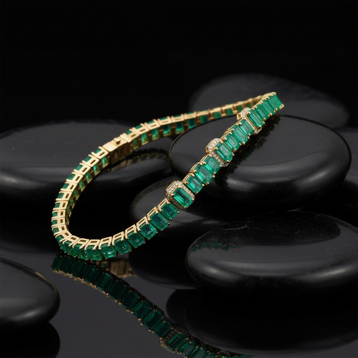 Emerald Diamond Pink Sapphire Tennis Bracelet in 14K Yellow Gold