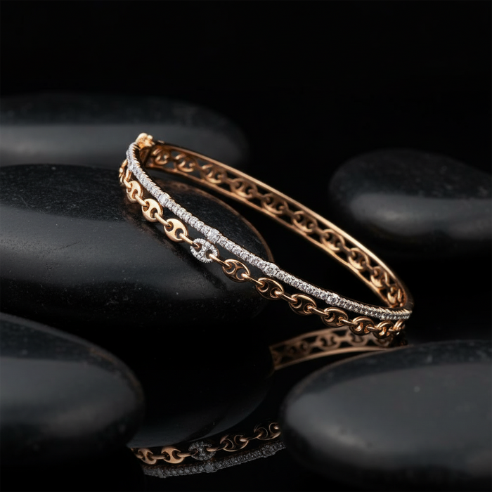Motif Bangle Chain Diamond Pave Bracelet in 14K Gold