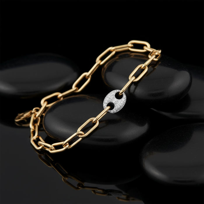 Oval Connector Pave Diamond Link Bracelet in 14K Gold