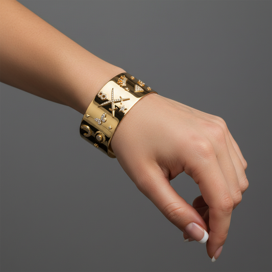 Polished Travel Charms Diamond Cuff Bracelet in 14K Yellow Gold