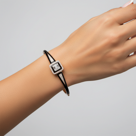 Black Enamel Emerald Cut Diamond Bracelet in 14K Gold